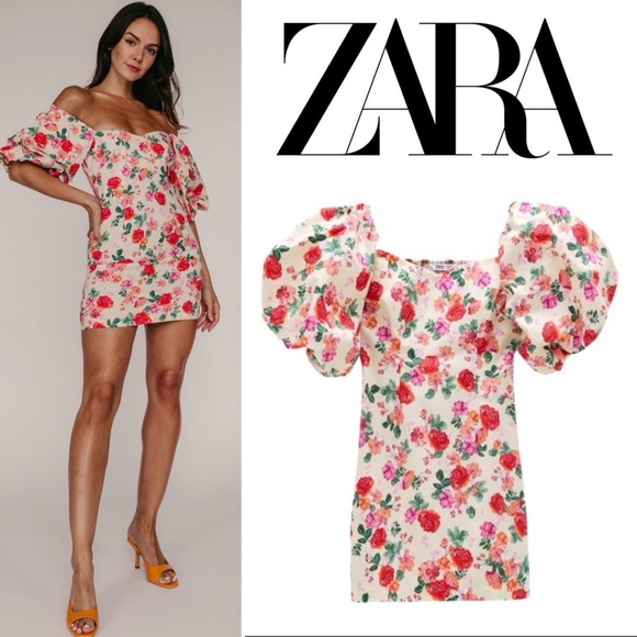 NWT ZARA THE CAROLINE DRESS S MINI FLORAL OFF SHOULDER PUFF SLEEVE Blogger Fave - Picture 1 of 16
